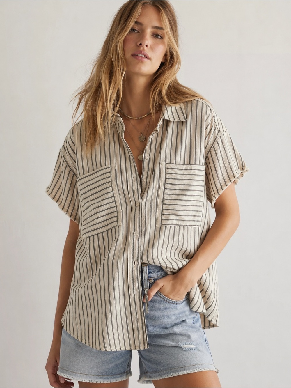 NWT Free People We The Free Striped Utility Shirt Ivory Combo S